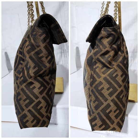 Authentic Fendi Tobacco Zucca Canvas and Leather Maxi Baguette Flap Shoulder Bag - Picture 13 of 14